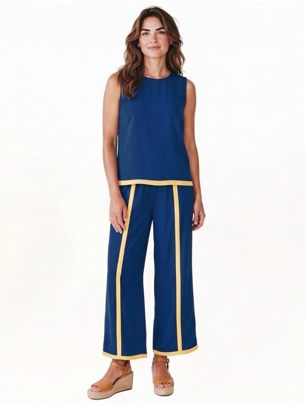 Women’s Sleeveless Dark Blue/Mustard Trim Elastic Wide-Leg 2 Piece Size-XXL NEW